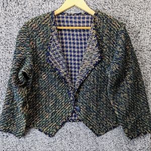 Vintage Open Face Boho Blazer Coat Custom Floral Medium Green Blue Detailed